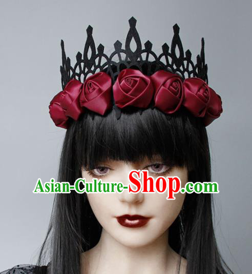 Top Grade Halloween Cosplay Gothic Red Roses Royal Crown Fancy Ball Handmade Hair Accessories for Women