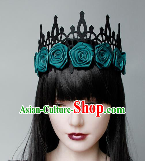Top Grade Halloween Cosplay Gothic Green Roses Royal Crown Fancy Ball Handmade Hair Accessories for Women