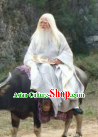 Chinese Ancient Spring and Autumn Period Philosopher Laozi Writer Lao Tzu White Costumes Complete Set