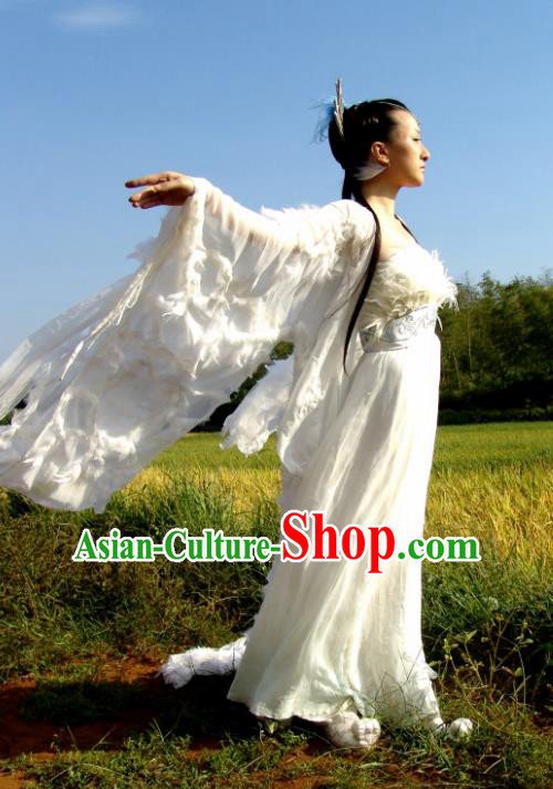 Chinese Ancient Mythology Fairy Goddess White Hanfu Dress Peri Princess Feather Costumes Complete Set