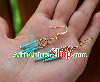 Chinese Traditional Hanfu Blue Beads Tassel Ear Accessories Ancient Qing Dynasty Princess Earrings for Women