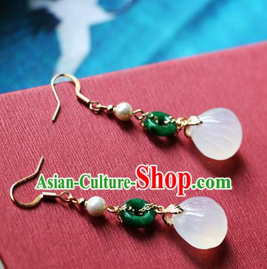 Chinese Traditional Hanfu White Jade Shell Ear Accessories Ancient Qing Dynasty Princess Earrings for Women