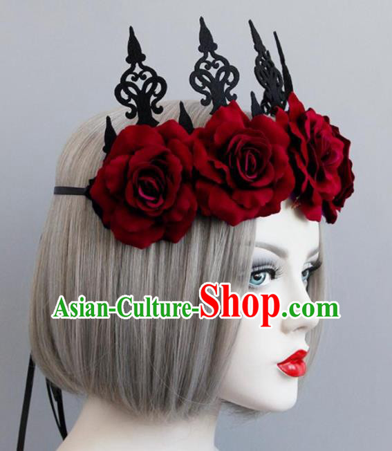 Handmade Halloween Cosplay Red Roses Headwear Fancy Ball Stage Show Royal Crown for Women
