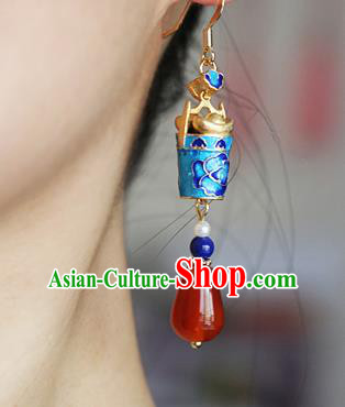 Chinese Traditional Hanfu Cloisonne Lotus Agate Ear Accessories Ancient Qing Dynasty Princess Earrings for Women