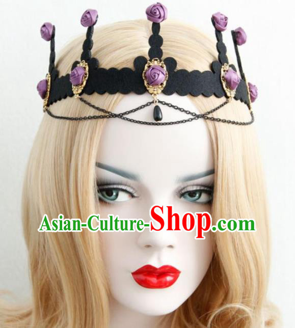 Halloween Handmade Cosplay Queen Purple Silk Roses Royal Crown Fancy Ball Stage Show Headwear for Women
