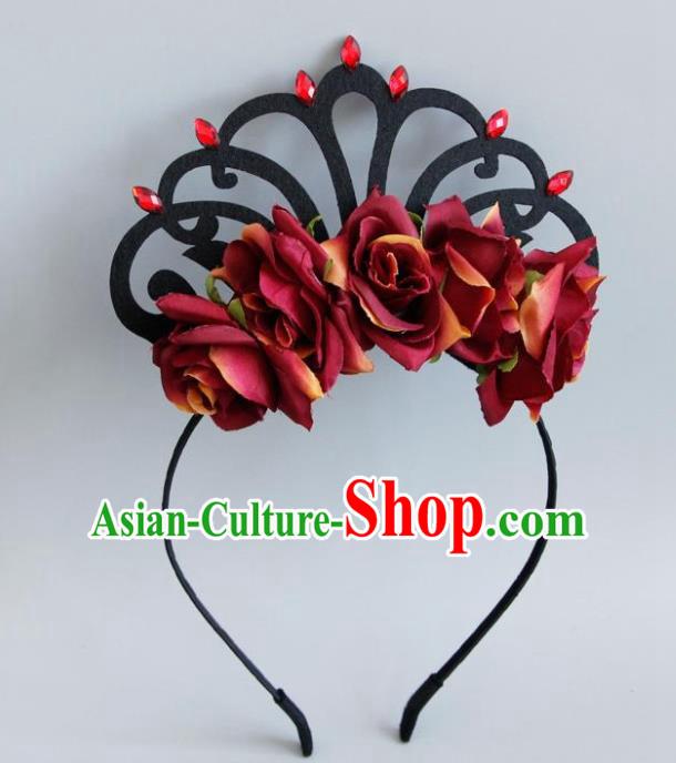 Halloween Handmade Cosplay Queen Red Roses Hair Clasp Fancy Ball Stage Show Headwear for Women