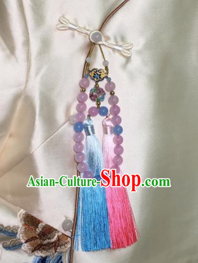 Chinese Traditional Hanfu Pink Beads Tassel Accessories Ancient Qing Dynasty Imperial Consort Brooch Pendant for Women