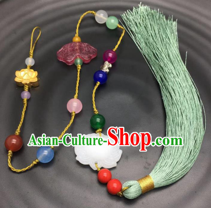 Chinese Traditional Hanfu Green Tassel Lotus Breastpin Accessories Ancient Qing Dynasty Imperial Consort Brooch Pendant for Women