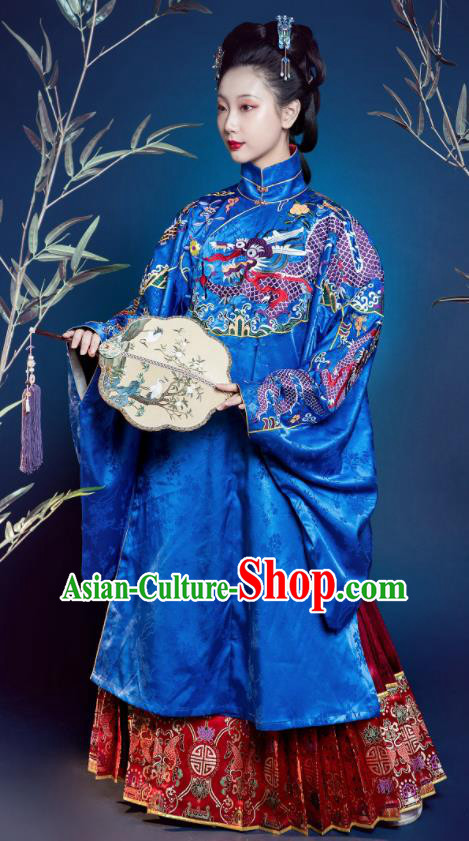 Traditional Chinese Ming Dynasty Countess Replica Costumes Ancient Court Queen Royalblue Silk Hanfu Dress for Women