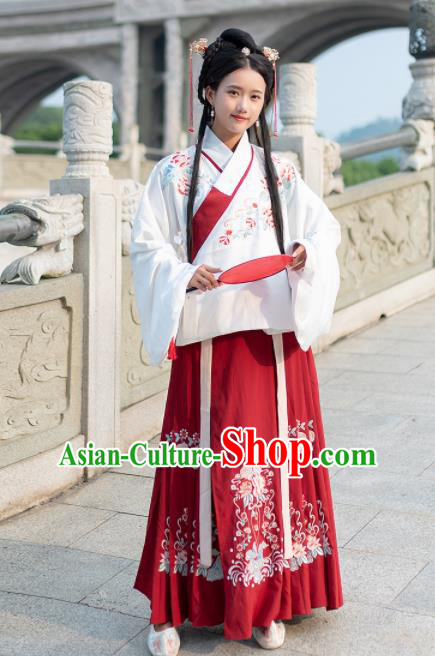 Traditional Chinese Ming Dynasty Court Princess Replica Costumes Ancient Red Hanfu Cape Complete Set for Women