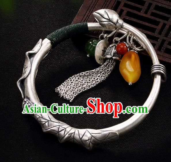 Chinese Traditional Hanfu Jewelry Accessories Carving Sliver Bracelet Ancient Qing Dynasty Princess Bangle for Women