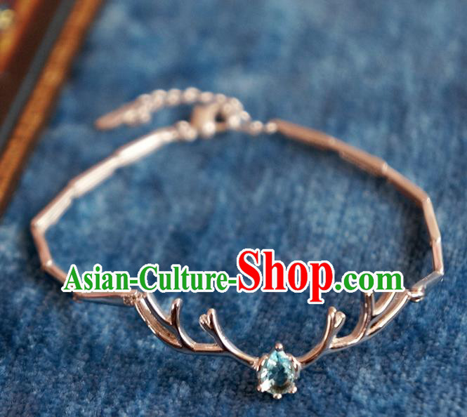 Chinese Traditional Hanfu Jewelry Accessories Blue Crystal Antler Bracelet Ancient Qing Dynasty Princess Bangle for Women