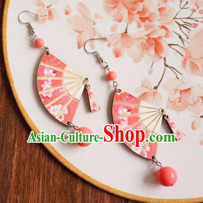 Chinese Traditional Hanfu Court Red Fan Ear Accessories Ancient Ming Dynasty Princess Earrings for Women