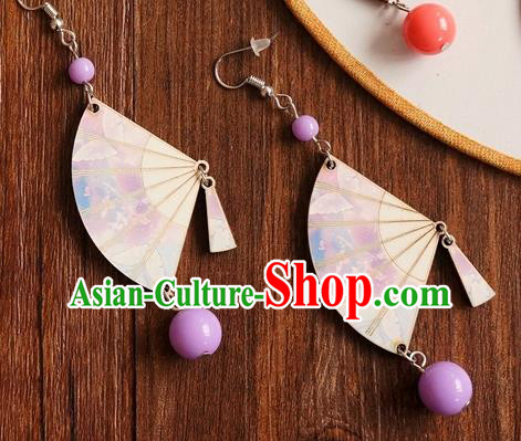 Chinese Traditional Hanfu Court Lilac Fan Ear Accessories Ancient Ming Dynasty Princess Earrings for Women