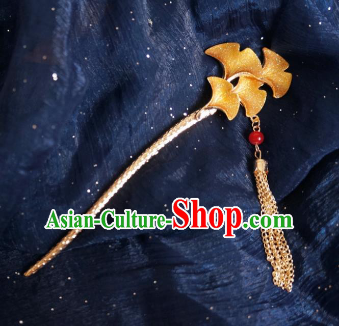 Chinese Ancient Ming Dynasty Princess Golden Ginkgo Tassel Hairpins Traditional Hanfu Court Hair Accessories for Women