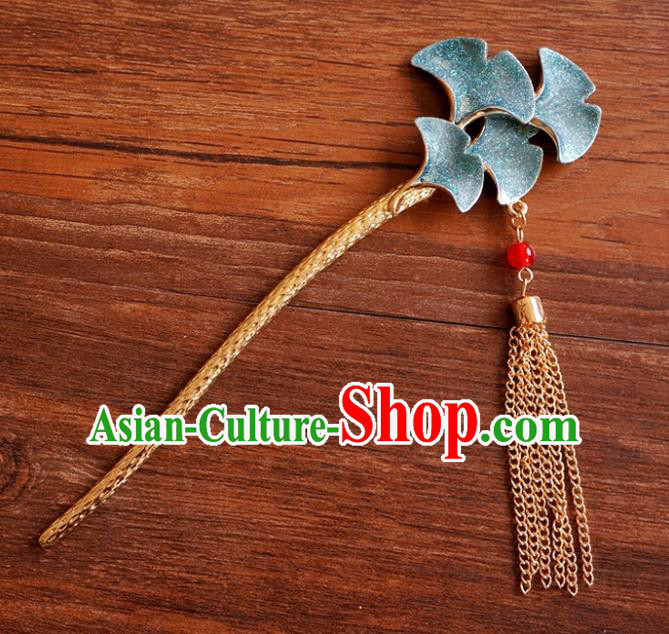 Chinese Ancient Ming Dynasty Princess Blue Ginkgo Tassel Hairpins Traditional Hanfu Court Hair Accessories for Women