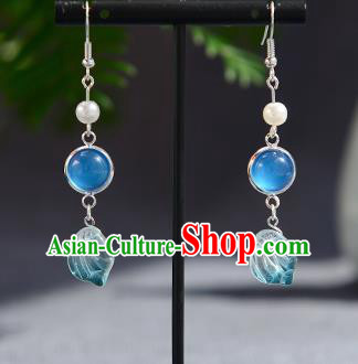 Chinese Traditional Hanfu Court Blue Ear Accessories Ancient Ming Dynasty Princess Earrings for Women