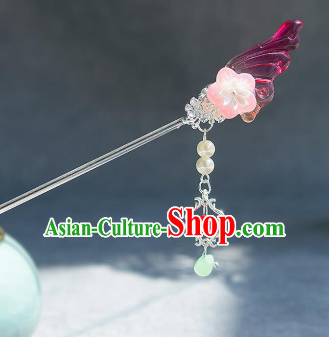 Chinese Ancient Ming Dynasty Princess Rosy Wing Tassel Hairpins Traditional Hanfu Court Hair Accessories for Women