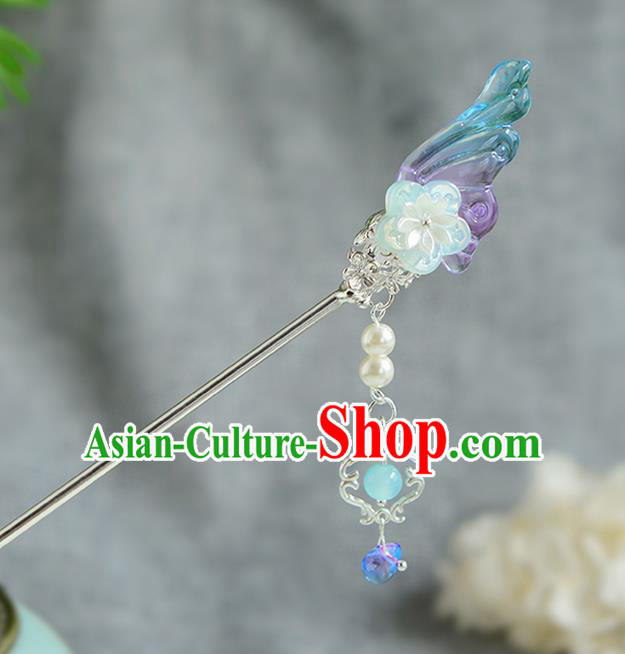 Chinese Ancient Ming Dynasty Princess Blue Wing Tassel Hairpins Traditional Hanfu Court Hair Accessories for Women
