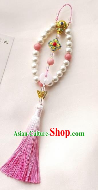 Chinese Traditional Hanfu Pink Tassel Pearls Brooch Pendant Ancient Cheongsam Breastpin Accessories for Women