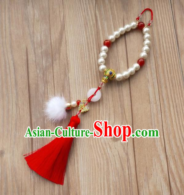 Chinese Traditional Hanfu Red Tassel Pearls Brooch Pendant Ancient Cheongsam Breastpin Accessories for Women