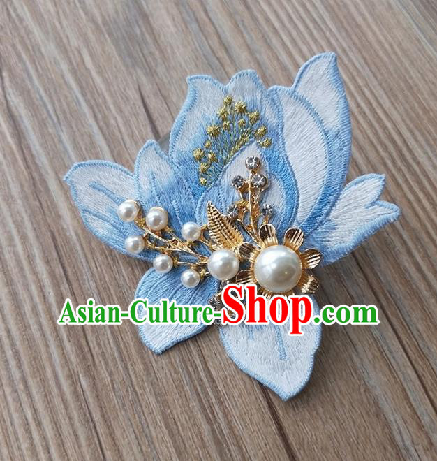 Chinese Traditional Hanfu Embroidered Blue Magnolia Brooch Pendant Ancient Cheongsam Breastpin Accessories for Women