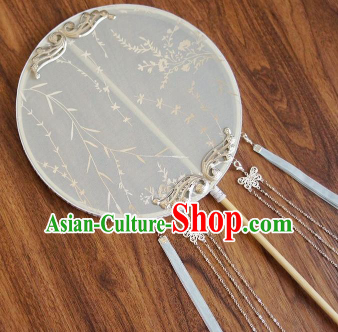 Chinese Traditional Hanfu Palace Fans Ancient Princess White Silk Round Fan for Women