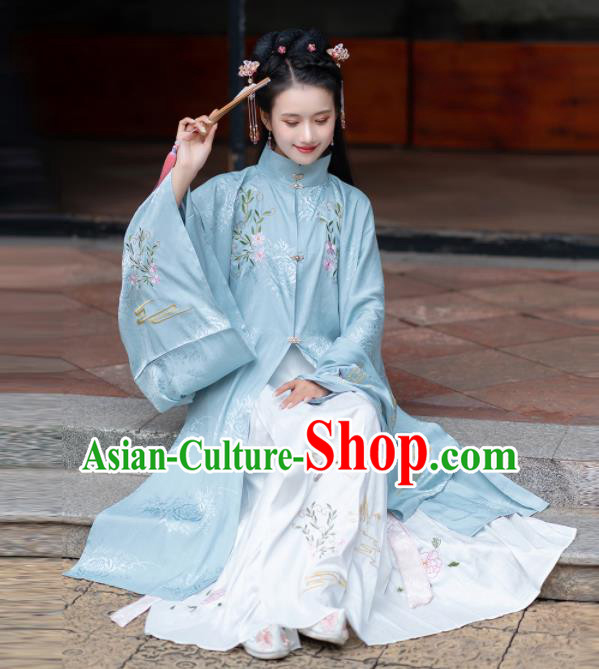 Traditional Chinese Ming Dynasty Replica Costumes Ancient Rich Lady Blue Hanfu Dress Complete Set for Women