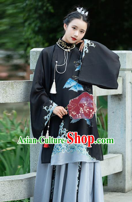 Traditional Chinese Ming Dynasty Nobility Lady Replica Costumes Ancient Court Countess Black Hanfu Dress for Women