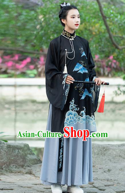 Traditional Chinese Ming Dynasty Nobility Lady Replica Costumes Ancient Court Countess Black Hanfu Dress for Women