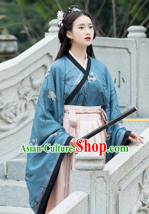 Traditional Chinese Jin Dynasty Imperial Consort Replica Costumes Ancient Court Princess Blue Hanfu Dress for Women