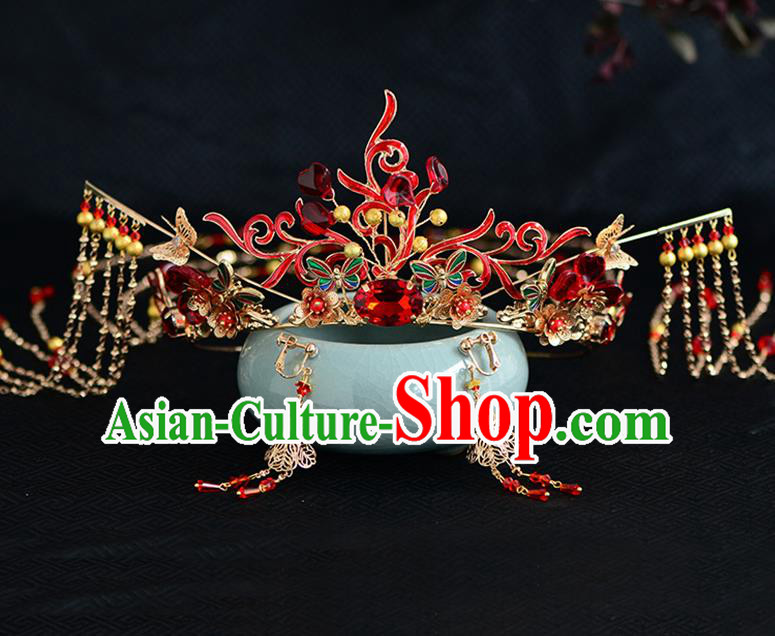 Chinese Ancient Tang Dynasty Palace Princess Red Crystal Phoenix Coronet Hairpins Traditional Hanfu Court Hair Accessories for Women