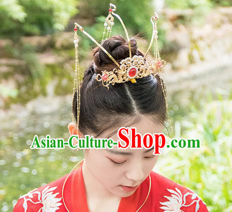 Chinese Ancient Tang Dynasty Princess Golden Pine Phoenix Coronet Hairpins Traditional Hanfu Court Hair Accessories for Women