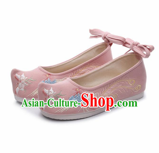 Traditional Chinese Opera Shoes Ancient Princess Pink Shoes Hanfu Shoes Embroidered Phoenix Shoes for Women
