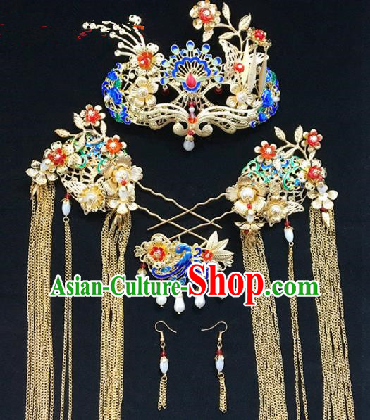 Chinese Ancient Qing Dynasty Phoenix Coronet Hairpins Traditional Hanfu Court Princess Hair Accessories for Women