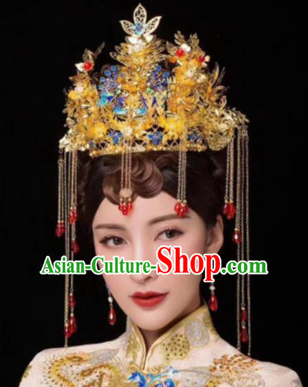 Chinese Ancient Bride Cloisonne Phoenix Coronet Hairpins Traditional Hanfu Court Princess Hair Accessories for Women