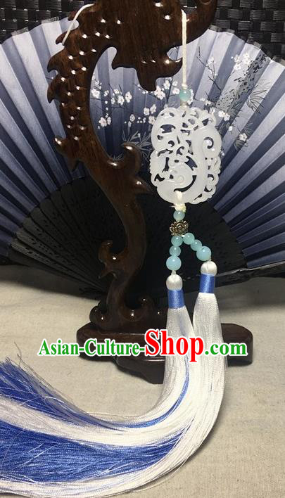 Traditional Chinese Hanfu Jade Carving Dragon Waist Accessories Ancient Swordsman White Tassel Pendant