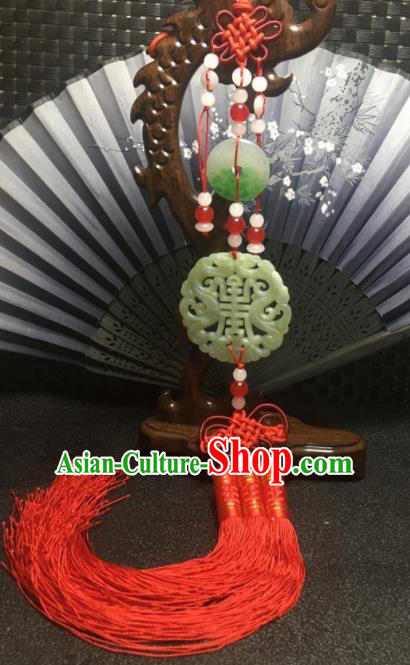Traditional Chinese Hanfu Jade Carving Longevity Waist Accessories Red Tassel Pendant Ancient Swordsman Brooch