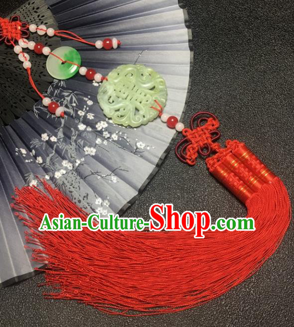 Traditional Chinese Hanfu Jade Carving Longevity Waist Accessories Red Tassel Pendant Ancient Swordsman Brooch