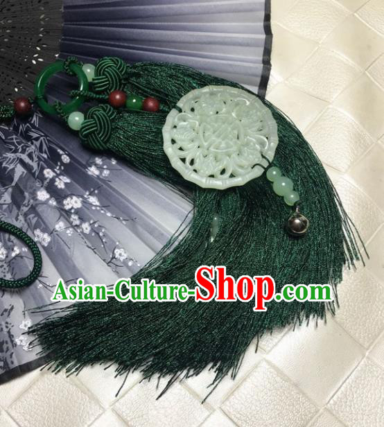 Traditional Chinese Hanfu Jade Carving Bats Waist Accessories Green Tassel Pendant Ancient Swordsman Brooch