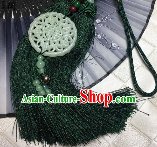 Traditional Chinese Hanfu Jade Carving Bats Waist Accessories Green Tassel Pendant Ancient Swordsman Brooch