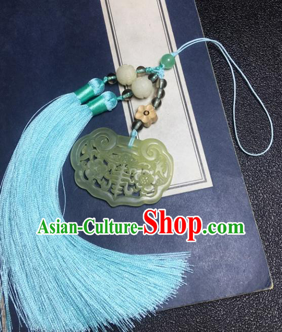 Traditional Chinese Hanfu Jade Carving Plum Waist Accessories Blue Tassel Pendant Ancient Swordsman Brooch