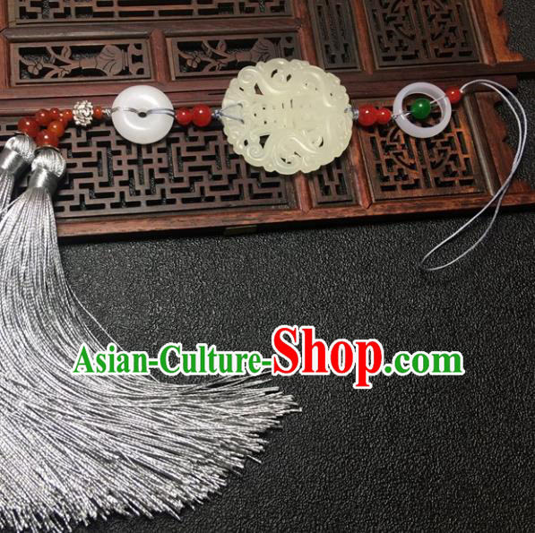 Traditional Chinese Hanfu White Jade Waist Accessories Grey Tassel Pendant Ancient Swordsman Brooch