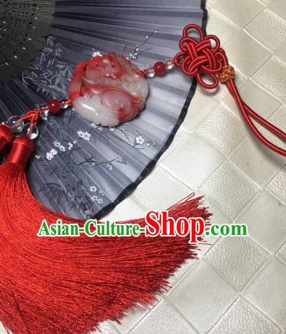 Traditional Chinese Hanfu Jade Pi Xiu Waist Accessories Red Tassel Pendant Ancient Swordsman Brooch