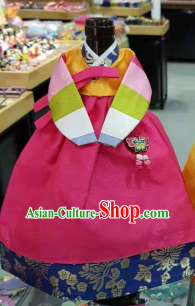 Traditional Korean Hanbok Clothing Rosy Brocade Dress Asian Korea Ancient Fashion Apparel Costume for Kids