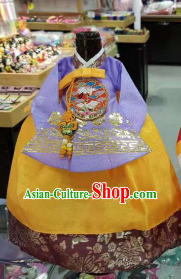 Traditional Korean Hanbok Clothing Purple Brocade Blouse and Yellow Dress Asian Korea Ancient Fashion Apparel Costume for Kids