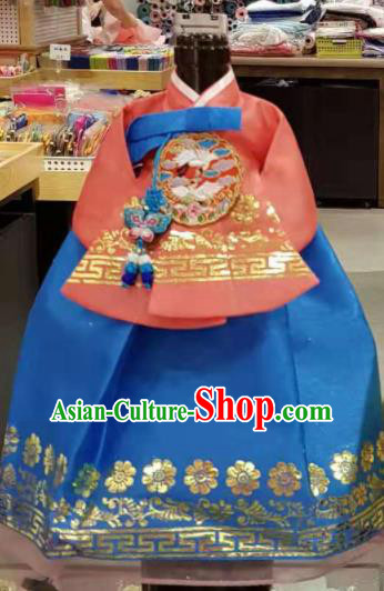 Traditional Korean Hanbok Clothing Orange Brocade Blouse and Blue Dress Asian Korea Ancient Fashion Apparel Costume for Kids