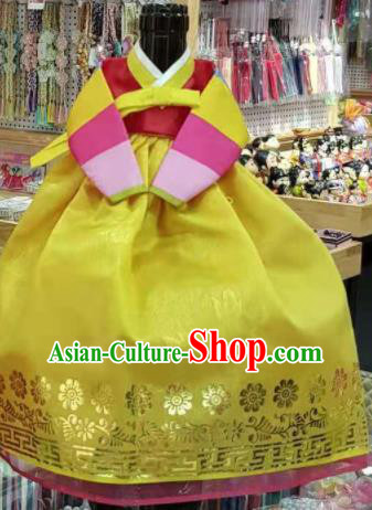 Traditional Korean Hanbok Clothing Red Brocade Blouse and Yellow Dress Asian Korea Ancient Fashion Apparel Costume for Kids