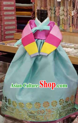 Traditional Korean Hanbok Clothing Rosy Brocade Blouse and Blue Dress Asian Korea Ancient Fashion Apparel Costume for Kids