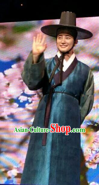 Traditional Korean Hanbok Peacock Blue Clothing Asian Korea Ancient Prince Apparel Costume and Hat for Men